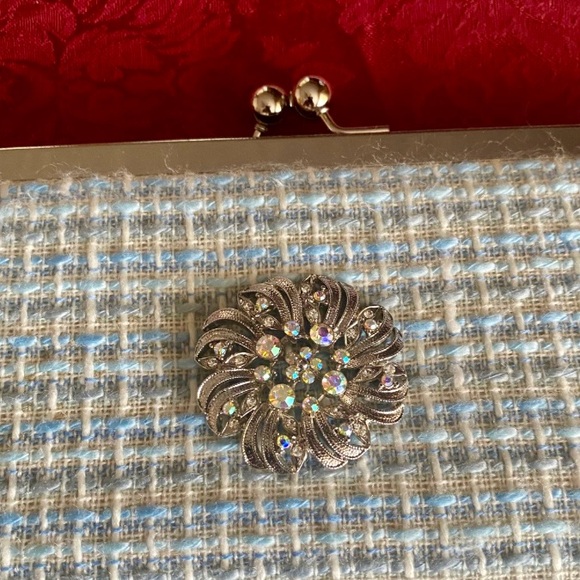 Pastel Blue/Cream Tweed Clutch with Removable Silver Rhinestone Flower Brooch - Picture 2 of 7